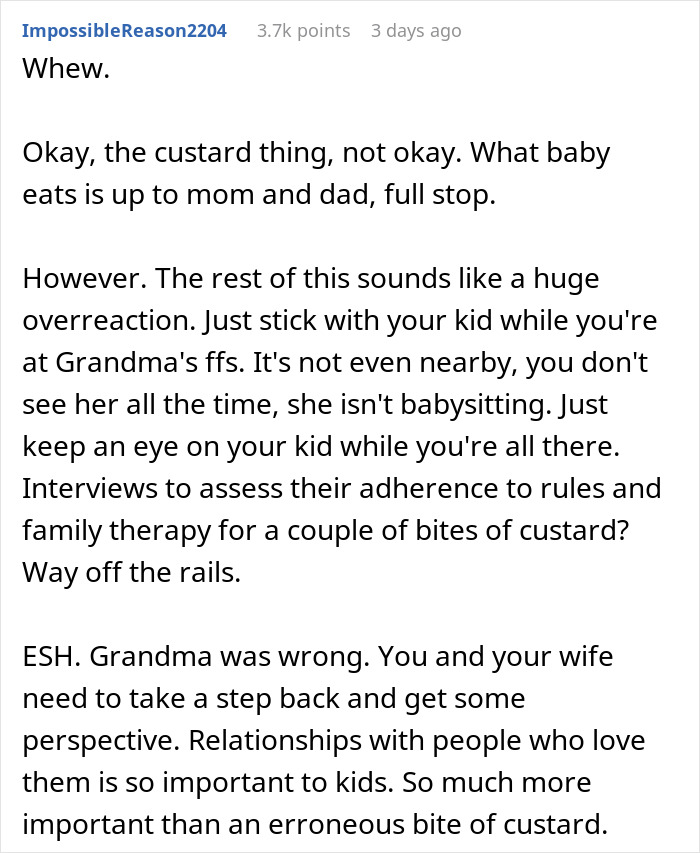 Comment discussing keeping son away from grandmother after fed custard, emphasizing parental control and family relationships.