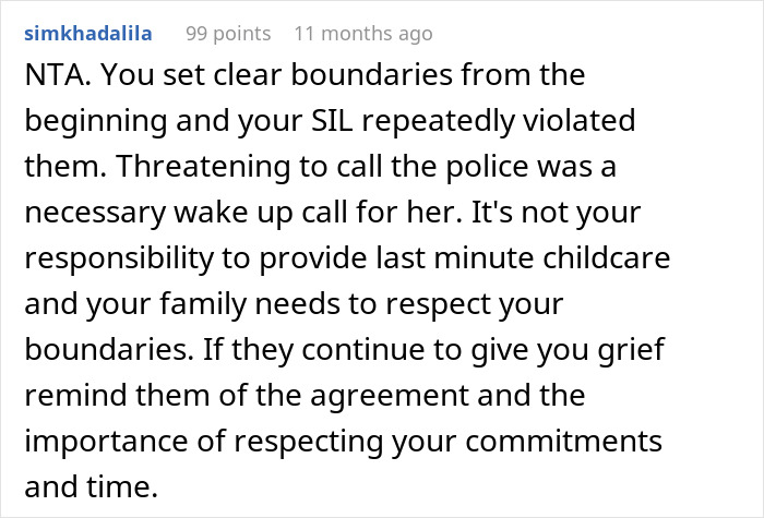 Comment discussing SIL&rsquo;s irresponsible parenting causing police threats and extended family drama over boundary violations.