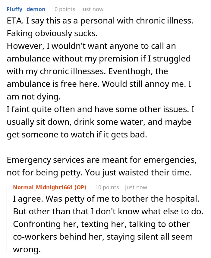 Text conversation about chronic illness and emergency services, referencing ambulance arriving for attention seeking behavior.