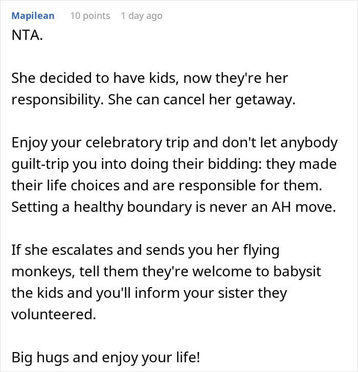 Comment discussing a graduate refusing to cancel trip for sister’s babysitting emergency, emphasizing setting healthy boundaries. Comment discussing a graduate refusing to cancel trip for sister’s babysitting emergency, emphasizing setting healthy boundaries.