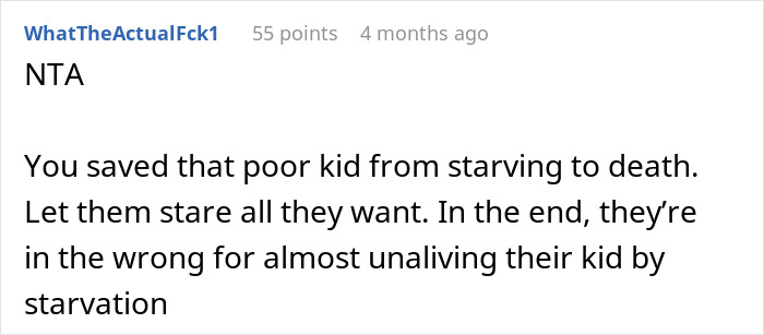 Screenshot of a forum comment discussing a couple becoming the bad guys after reporting parents to CPS for starving their child.