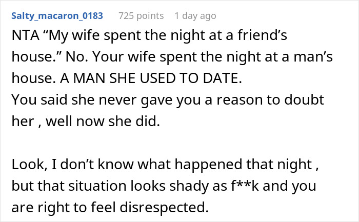 Comment discussing suspicion about wife&rsquo;s catch-up with her ex turning into a sleepover, leaving husband wondering.