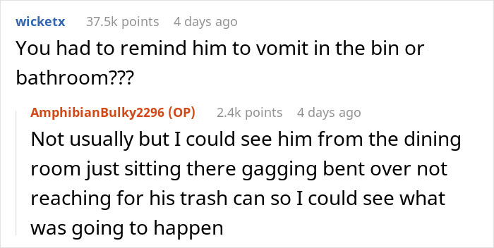 Comment thread discussing a sick husband refusing to use the trash can to vomit, causing a mess on the floor. Comment thread discussing a sick husband refusing to use the trash can to vomit, causing a mess on the floor.