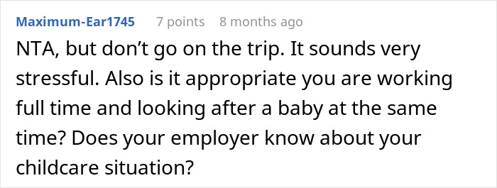Comment on dad wondering if he&rsquo;s a jerk for not joining wife&rsquo;s work trip with the kids about stress and childcare concerns.