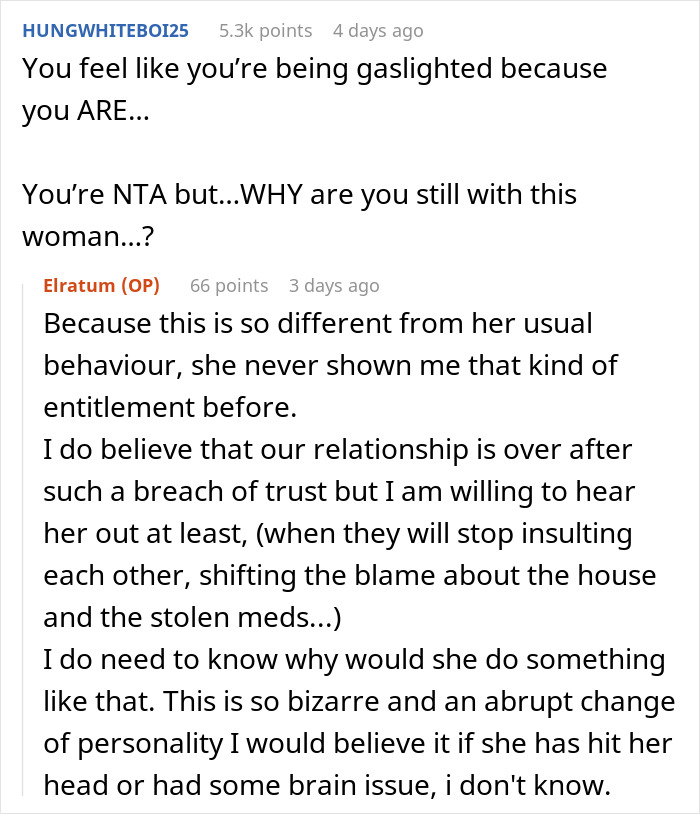 Reddit discussion about a man feeling gaslighted and chaos at home after coming back early from work trip. Reddit discussion about a man feeling gaslighted and chaos at home after coming back early from work trip.