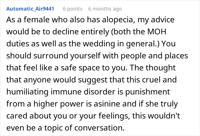 Comment discussing alopecia as an immune disorder and opposing the idea of it as divine punishment at a wedding.