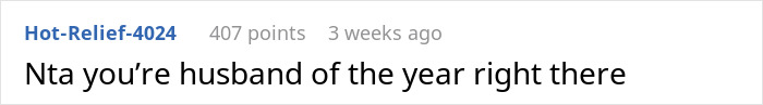 Text post on a social media forum with 407 points about a husband praised for handling a MIL annoying a new mom at night. Text post on a social media forum with 407 points about a husband praised for handling a MIL annoying a new mom at night.