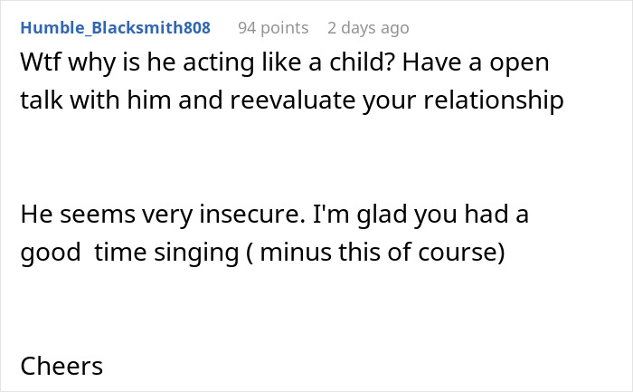 Screenshot of a Reddit comment discussing a guy&rsquo;s insecurity about how his girlfriend connects with a song she performs.