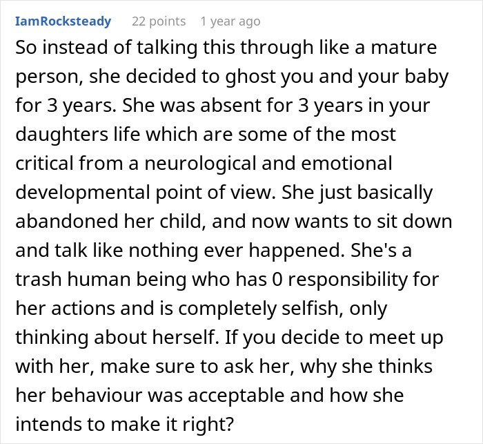Comment discussing a man raising newborn alone, shocked by ex&rsquo;s reappearance after three years, expressing forgiveness struggle.