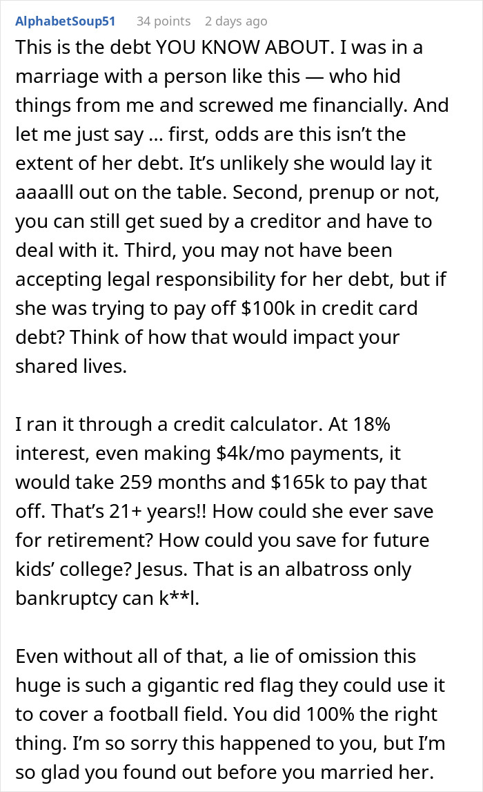 Commenter discussing financial impact of secret credit card debt revealed before prenup in bride-to-be&rsquo;s relationship.