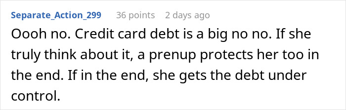 Comment highlighting concerns about secret credit card debt impacting a bride-to-be&rsquo;s decision on a prenup agreement.