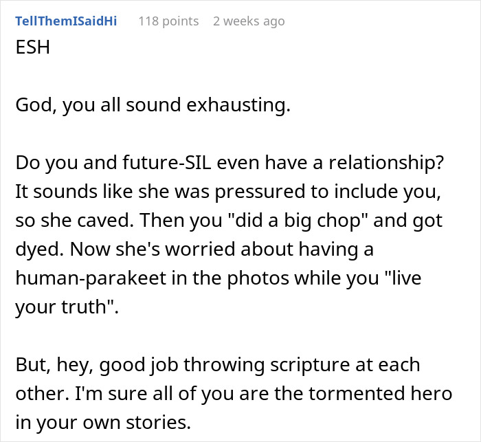 Comment discussing a woman refusing to wear a wig at her brother's wedding and related family tension. Comment discussing a woman refusing to wear a wig at her brother's wedding and related family tension.