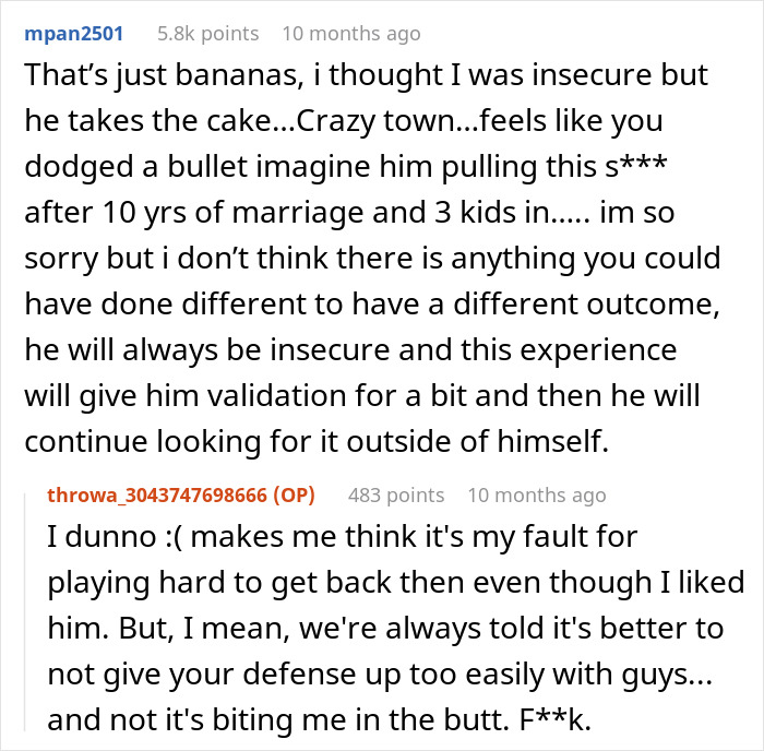 Reddit comments discussing a woman's husband leaving her after being hit on for the first time, exploring insecurity and validation.
