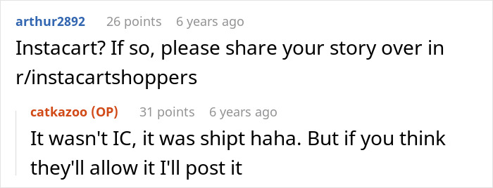 User comments discussing a grocery Karen refusing to pay extra items and demanding the shopper cover the bill online.