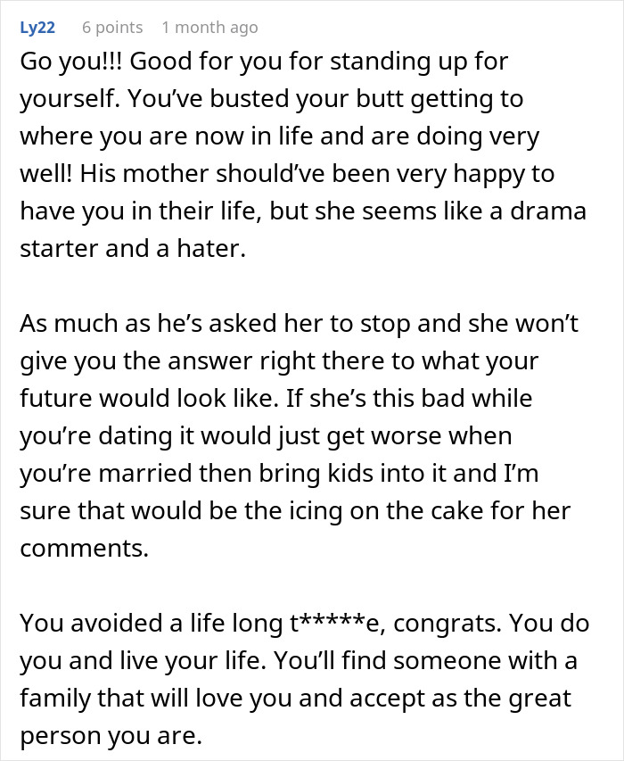 Comment praising a woman for standing up to her mother-in-law, calling her a gold digger and a housewife.
