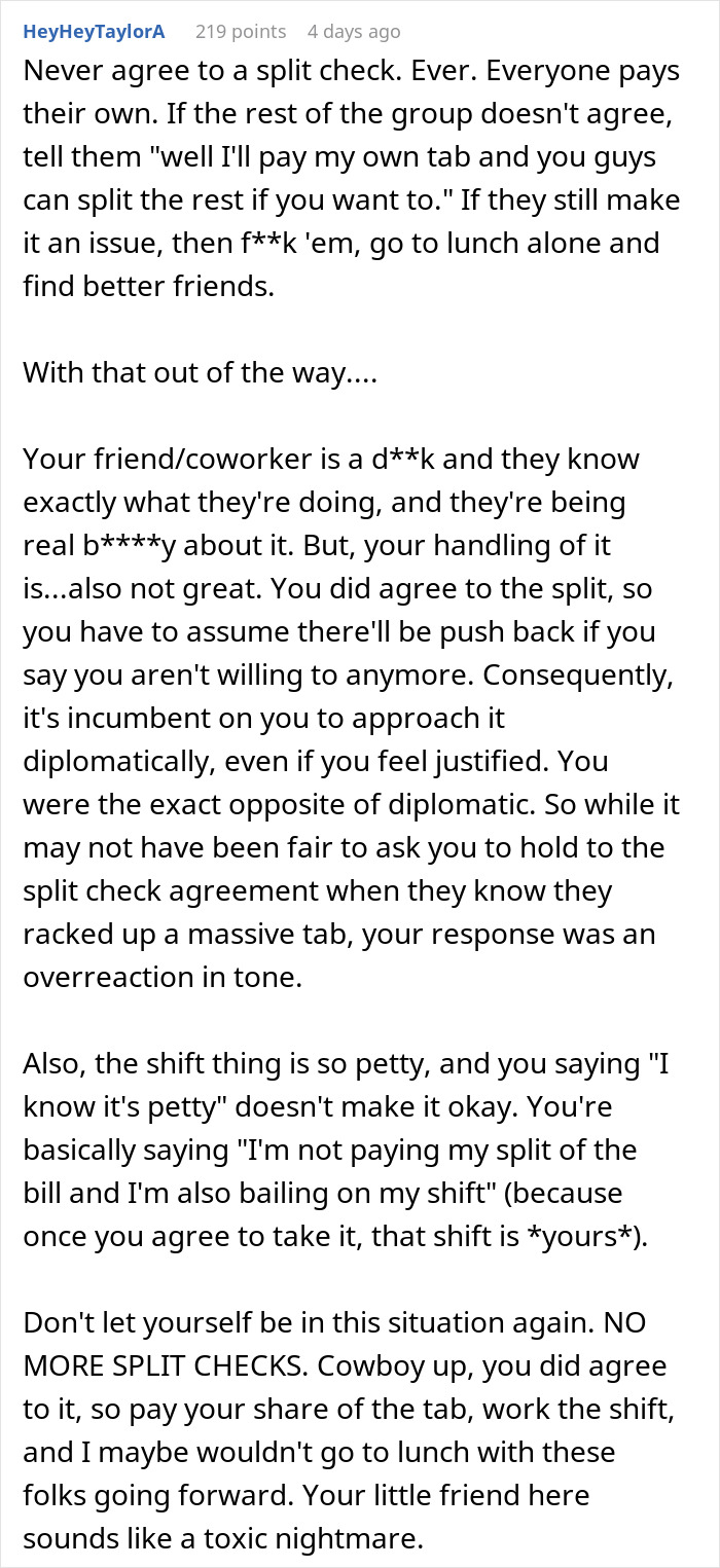 Text of coworker advice on handling split bill disputes and challenges when one backs out after dining with coworkers.