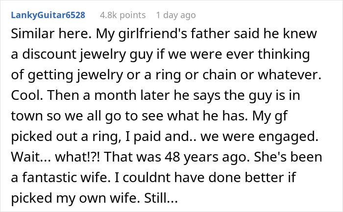 Screenshot of a Reddit comment sharing a story about a fake proposal leading to an unexpected engagement. Screenshot of a Reddit comment sharing a story about a fake proposal leading to an unexpected engagement.