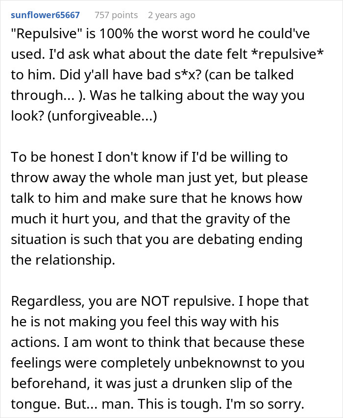 Alt text: Man admits finding wife repulsive on first date and struggles to understand why she feels hurt by his words.