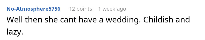 Text comment criticizing a bride’s attitude, related to couple ganging up on maid of honor for wedding planning request. Text comment criticizing a bride’s attitude, related to couple ganging up on maid of honor for wedding planning request.