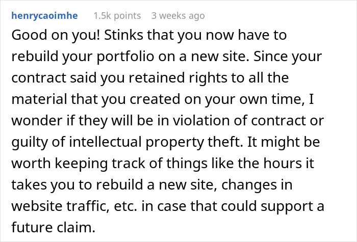 Comment discussing intellectual property theft and contract violation related to an agency stealing graphic designer work.