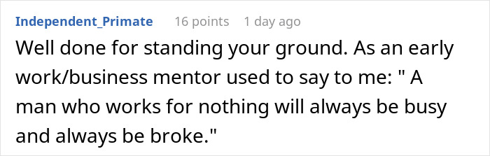 Screenshot of a Reddit comment praising someone for standing their ground against an entitled mom interrupting a photoshoot.
