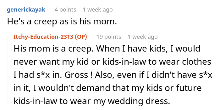 Online comments discussing a woman refusing to wear her fianc&eacute;&rsquo;s mom&rsquo;s used wedding dress in a family conflict.