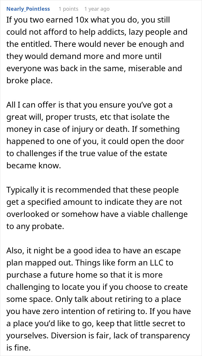 Comment discussing how a husband and wife hide their wealth from dysfunctional families for safety and estate planning. Comment discussing how a husband and wife hide their wealth from dysfunctional families for safety and estate planning.