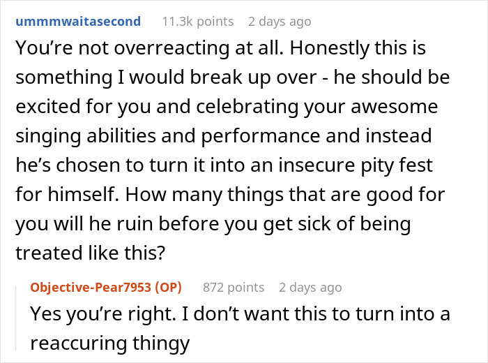 Reddit comments discussing a guy who dislikes how his girlfriend connects with a song she performs at school.