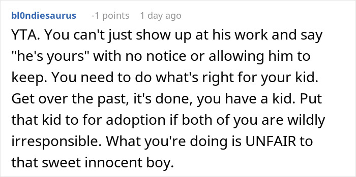 Screenshot of a forum comment discussing dropping baby off to ex-husband and demanding custody every other week.