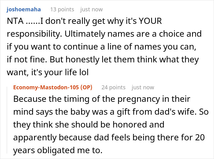 Reddit conversation discussing dad seeing grandbaby as sign from late wife and demanding son name baby after her.