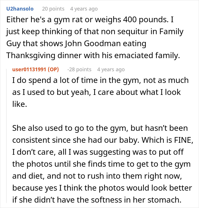 Comments discussing a husband refusing a spicy photoshoot for his wife due to her extra pounds after pregnancy. Comments discussing a husband refusing a spicy photoshoot for his wife due to her extra pounds after pregnancy.
