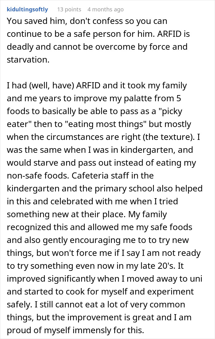 Comment about ARFID and experiences with starvation, discussing eating challenges and family support for safe foods.