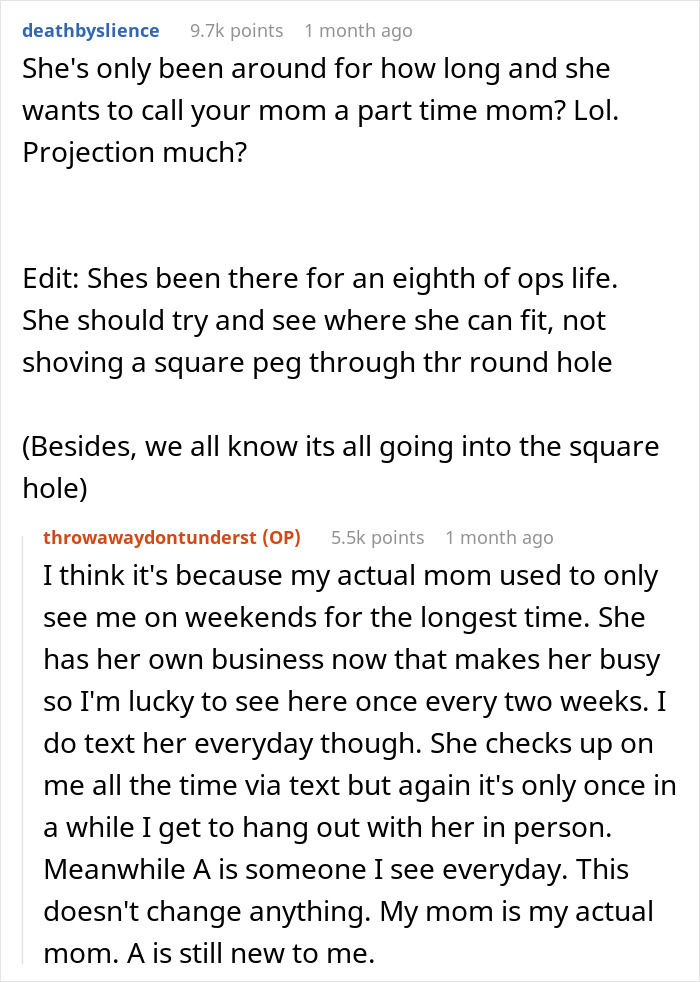 Reddit conversation showing a teen refusing to accept a stepmother and affirming they already have a mom.