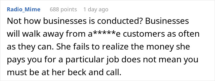 Screenshot of an online comment discussing a finger-snapping Karen treating an engineer like a servant in a customer service dispute.