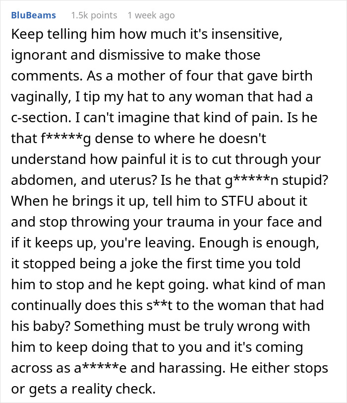 Comment discussing the traumatic birth experience of a woman and criticizing her boyfriend's dismissive attitude.