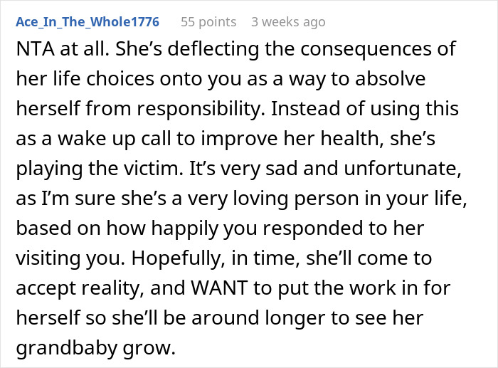 Comment discussing fat shaming and refusing obese mom to babysit newborn, highlighting health and responsibility concerns.