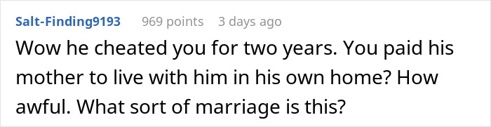 Comment discussing the shock of unknowingly paying rent to husband and his mom for two years, questioning the marriage.