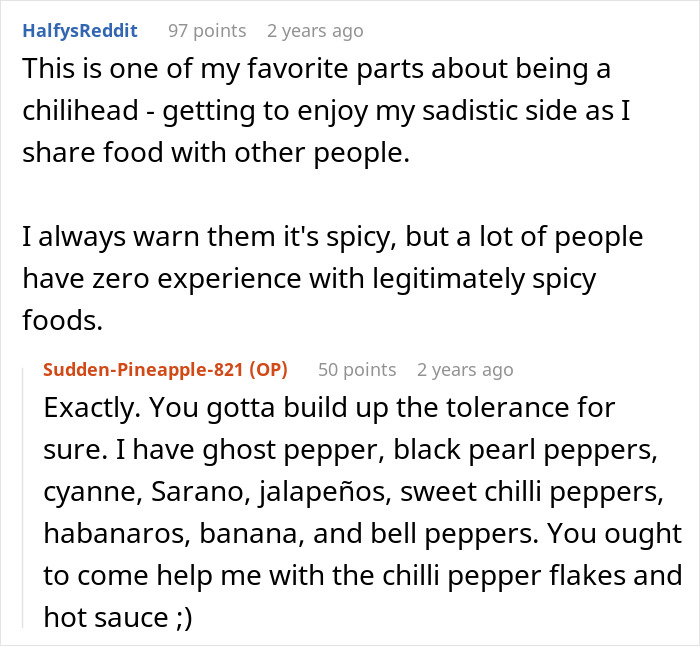 Reddit conversation about getting revenge on a roommate stealing food by using spicy peppers and sharing hot sauce.