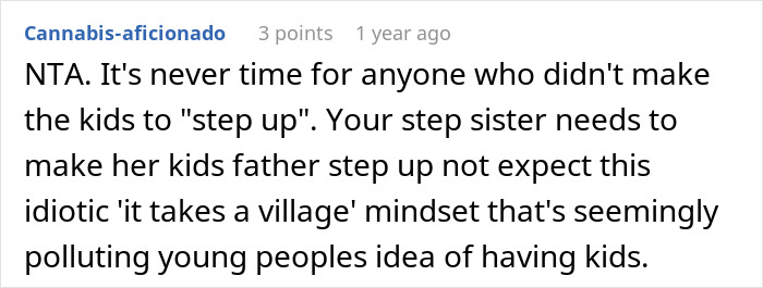 Screenshot of a Reddit comment discussing refusal to babysit step sister&rsquo;s kids, highlighting family drama and boundaries.