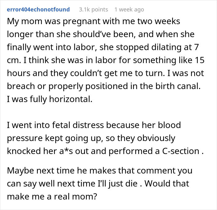 Text post about a woman&rsquo;s traumatic birth experience involving fetal distress and a C-section during labor.