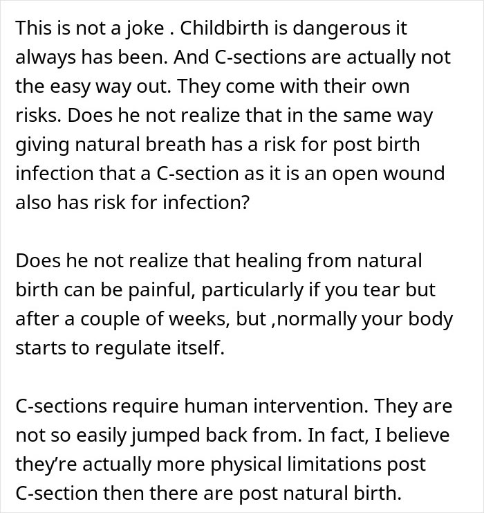 Text discussing risks and healing challenges of childbirth and C-sections during a traumatic birth experience.