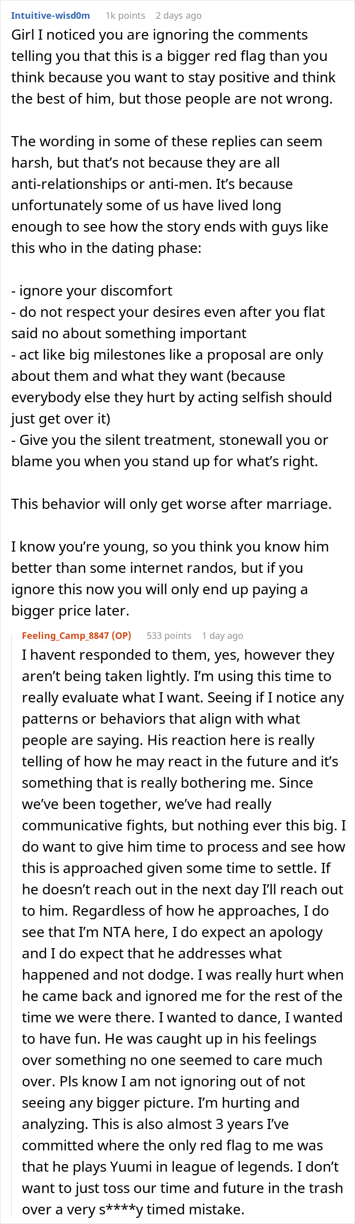 Reddit discussion about stopping boyfriend&rsquo;s proposal at best friend&rsquo;s wedding and relationship red flags advice.