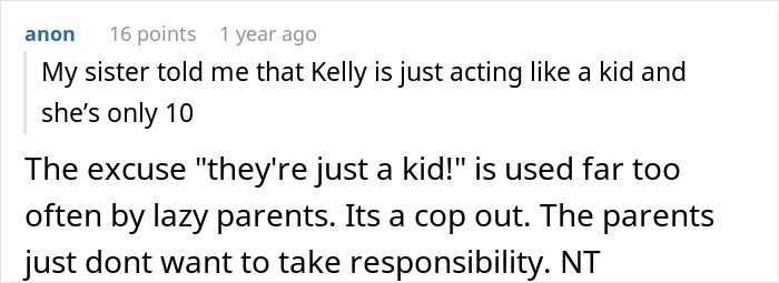 Screenshot of an online discussion where a woman refuses to take her sister&rsquo;s kid on trips, raising debate about responsibility.