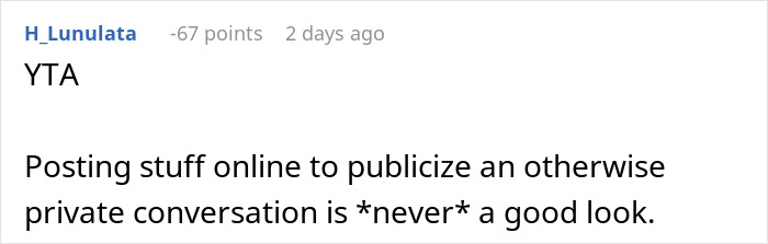 Reddit comment criticizing posting screenshots online, discussing the impact of making a sister-in-law look bad in texts.