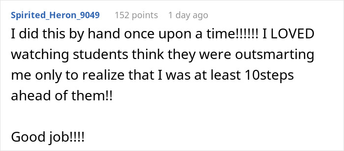 Comment from user Spirited_Heron_9049 praising a teacher who catches cheaters by using 24 quiz versions.