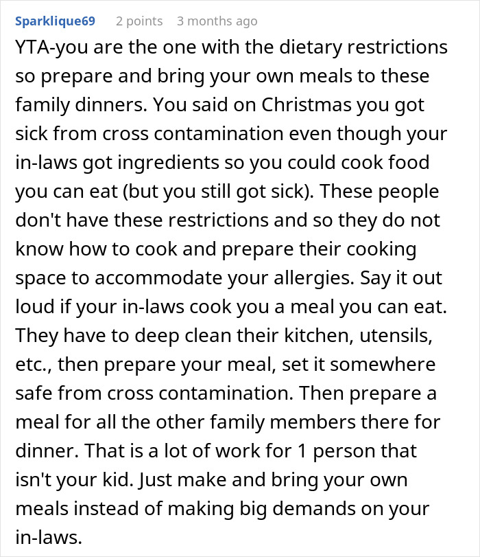 Comment discussing challenges of dietary restrictions and gluten allergies affecting participation in family meals and vacations. Comment discussing challenges of dietary restrictions and gluten allergies affecting participation in family meals and vacations.