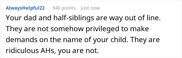 Screenshot of a forum comment discussing a dad demanding his son name the grandbaby after his late wife and being shut down quickly.