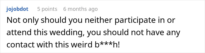 Comment expressing strong disapproval of attending a wedding due to conflict involving alopecia and headscarf.