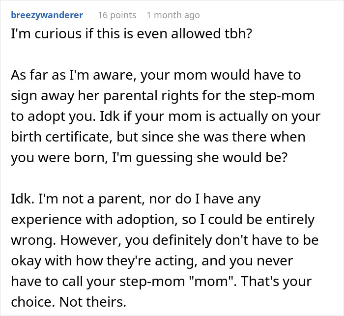 Comment discussing parental rights and adoption issues related to a teen refusing to be a birthday gift for stepmother