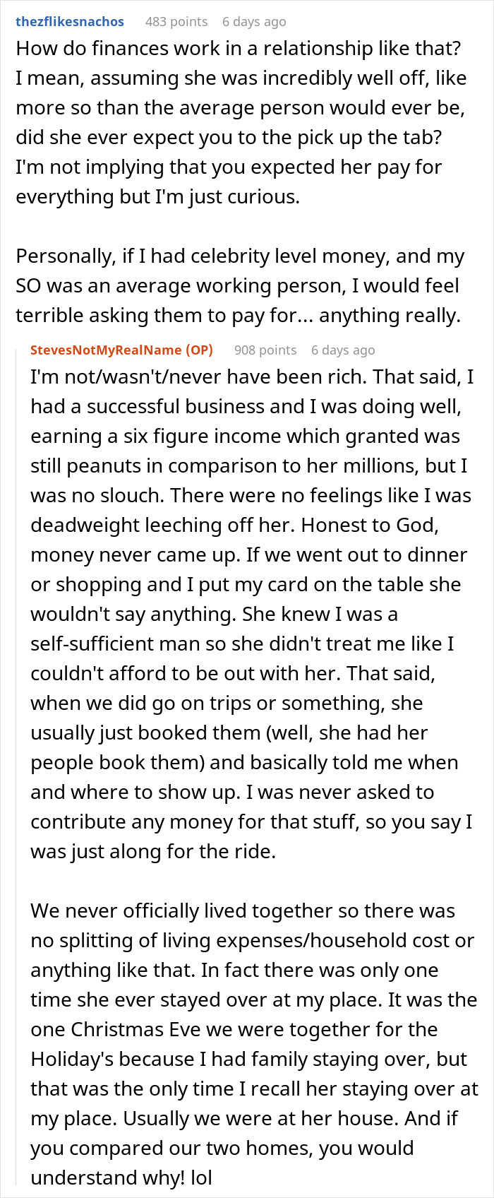 Reddit conversation discussing finances and experiences dating a famous actress with millionaire status for over a year.